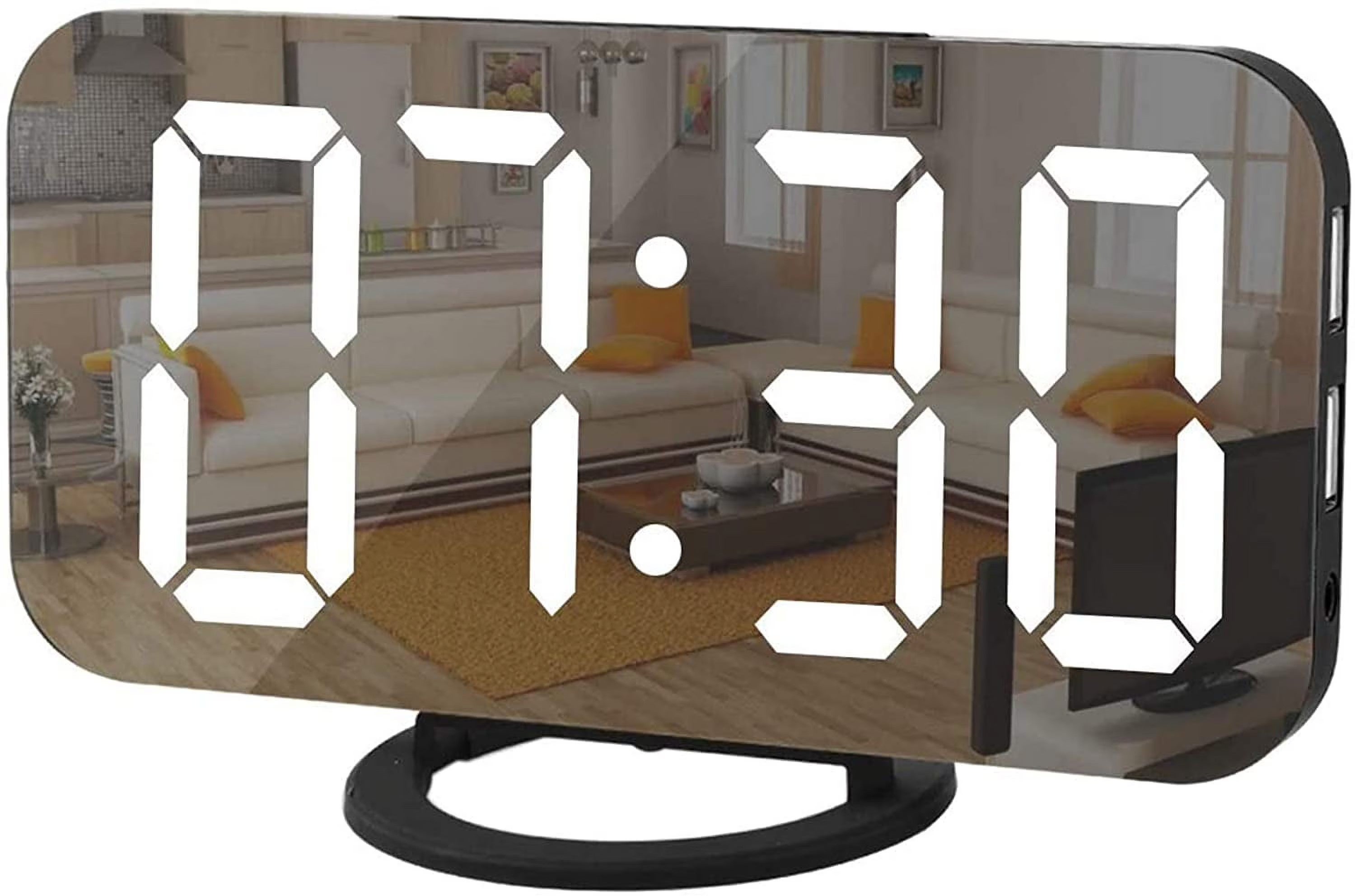 Budzik lustrzany LED, 3-stopniowa regulacja przyciemniania, dwa porty USB, do sypialni i makijażu, czarny