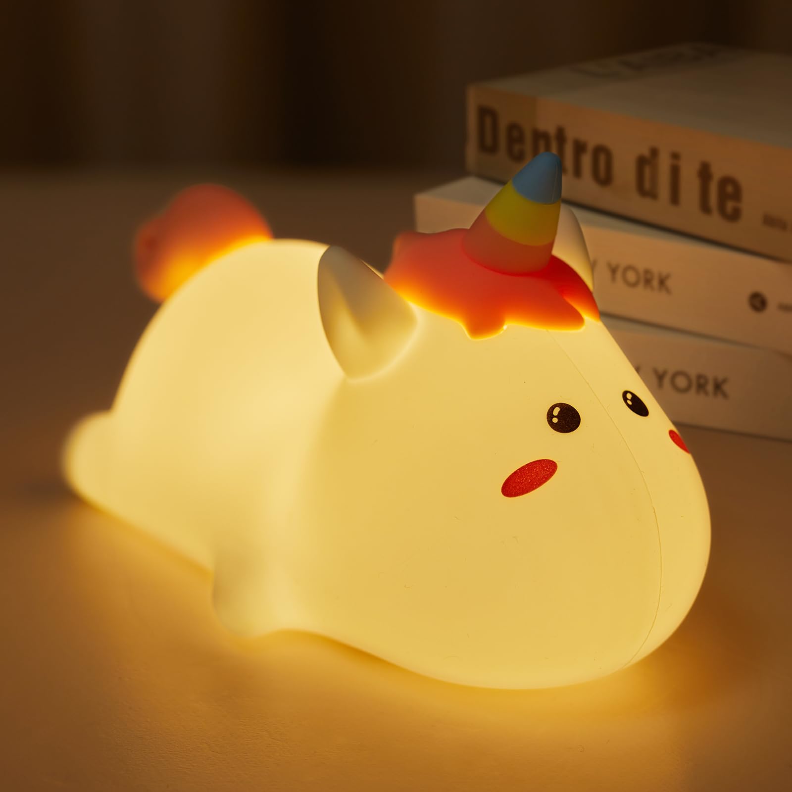 Lampka Nocna Jednorożec dla Dzieci, Śliczna Silikonowa Lampka Nocna Jednorożec z 2 Poziomami Jasności, Dotykowa Lampa 7 Kolorów do Pokoju