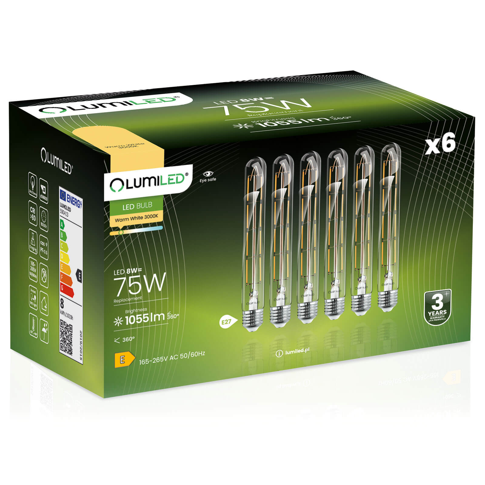 6x Żarówka Lumiled LED E27 Tubularna T30 8W = 75W 1055lm 3000K Ciepła 360st Filament