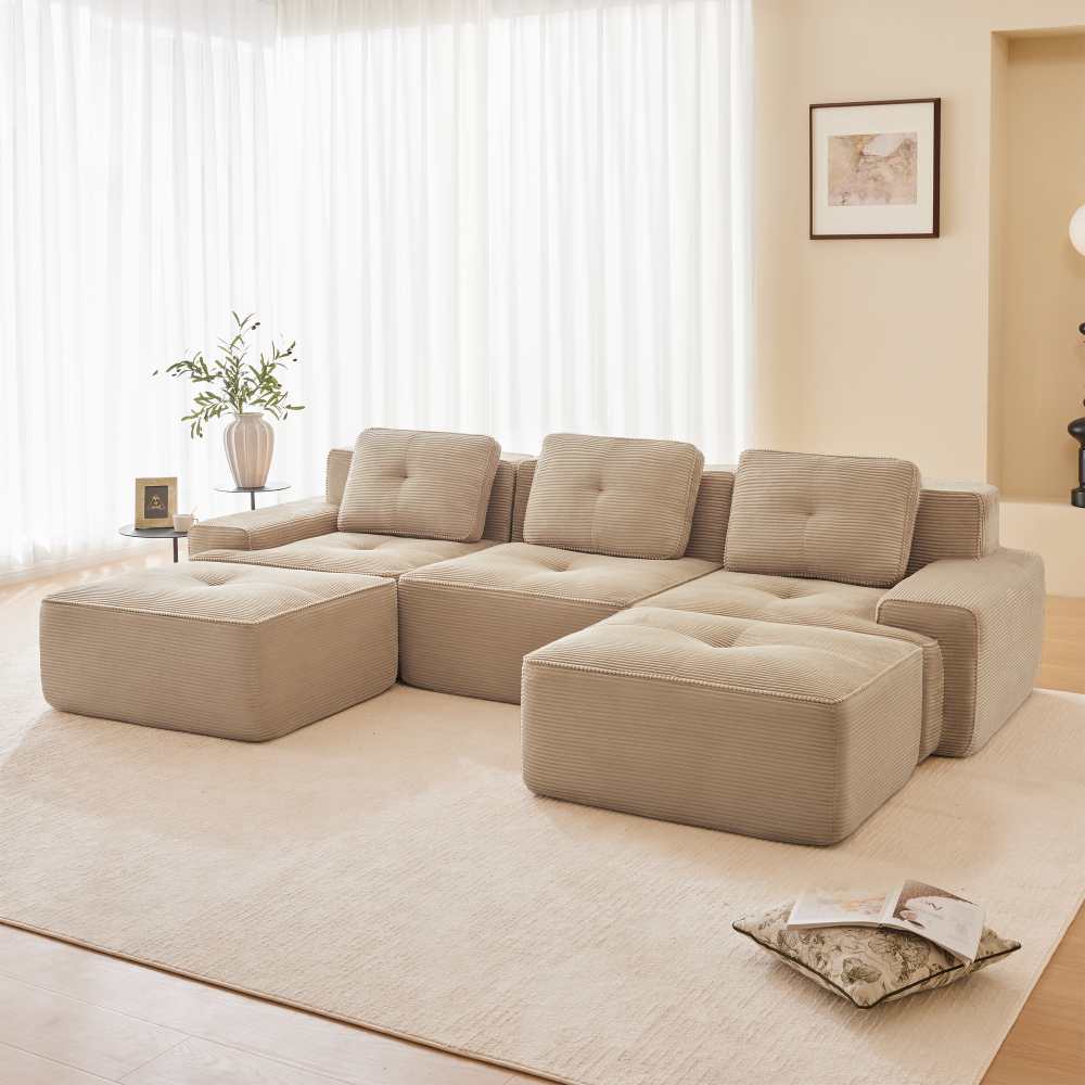 Sofa Cloud Boneless w kształcie litery U, 3-osobowa, z pufem, nie wymaga montażu, antypoślizgowa i przyjazna dla zwierząt