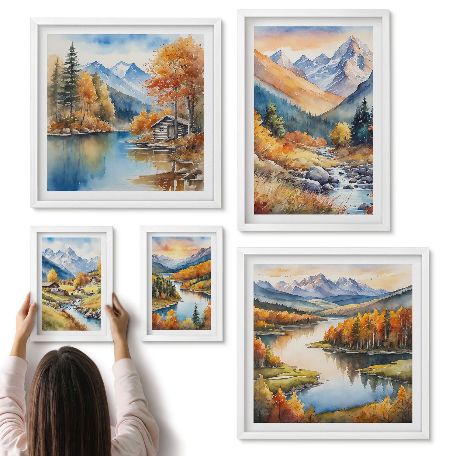Galeria ścienna 5-częściowy komplet obrazów w białych ramach - Jesienne pejzaże górskie z rzekami i domkami w lesie - ArtPrintCave