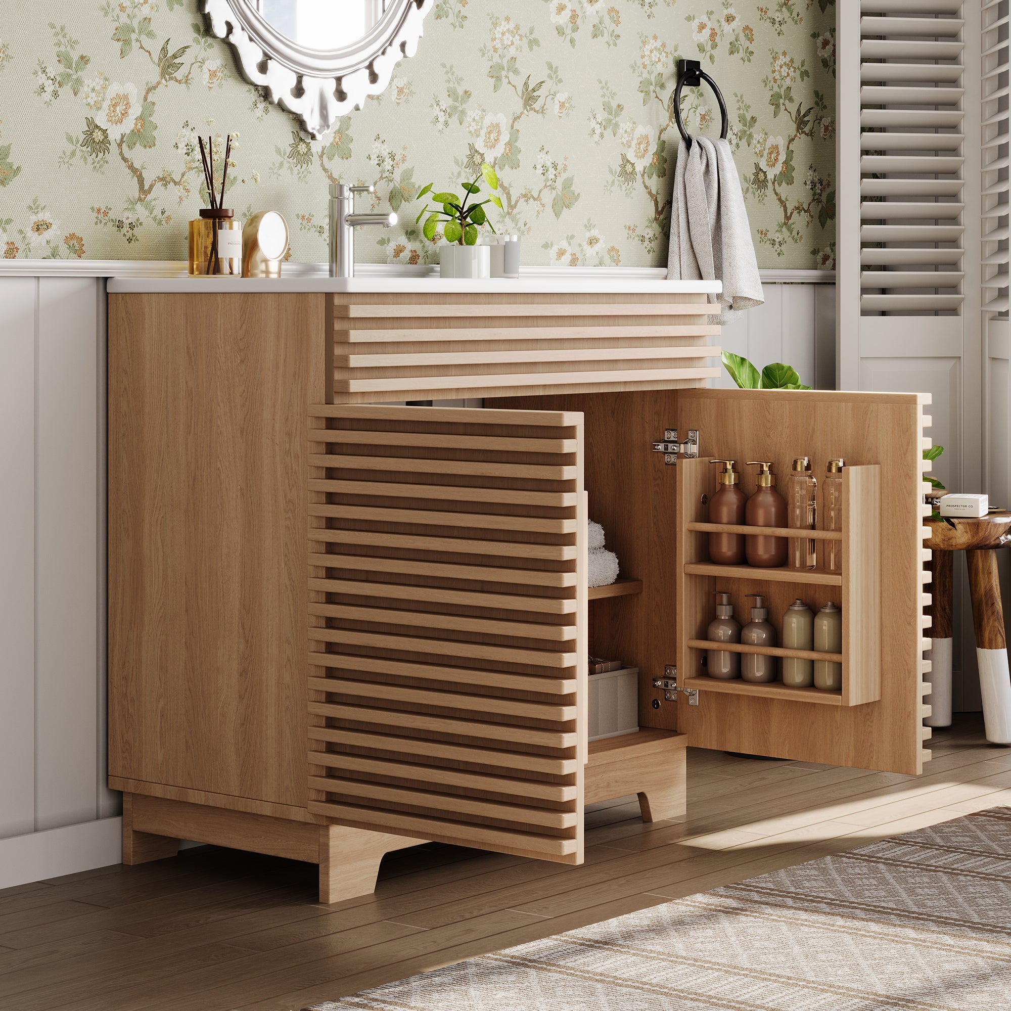 Szafka łazienkowa z pojedynczą umywalką i 2 drzwiami - 91 x 46 x 80 cm - MDF i umywalka ceramiczna - Naturalna