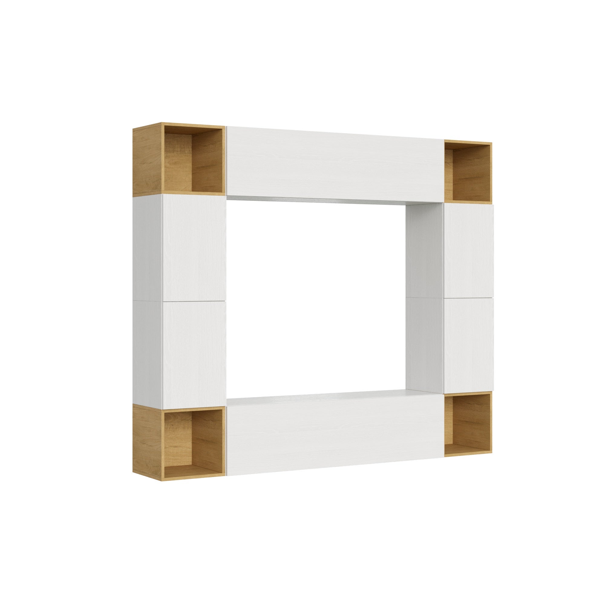 Mueble modular de pared Isoka A05, 254 cm de ancho, 200 cm de alto, 39,5 cm de profundidad, blanco y roble, fabricado con madera certificada.