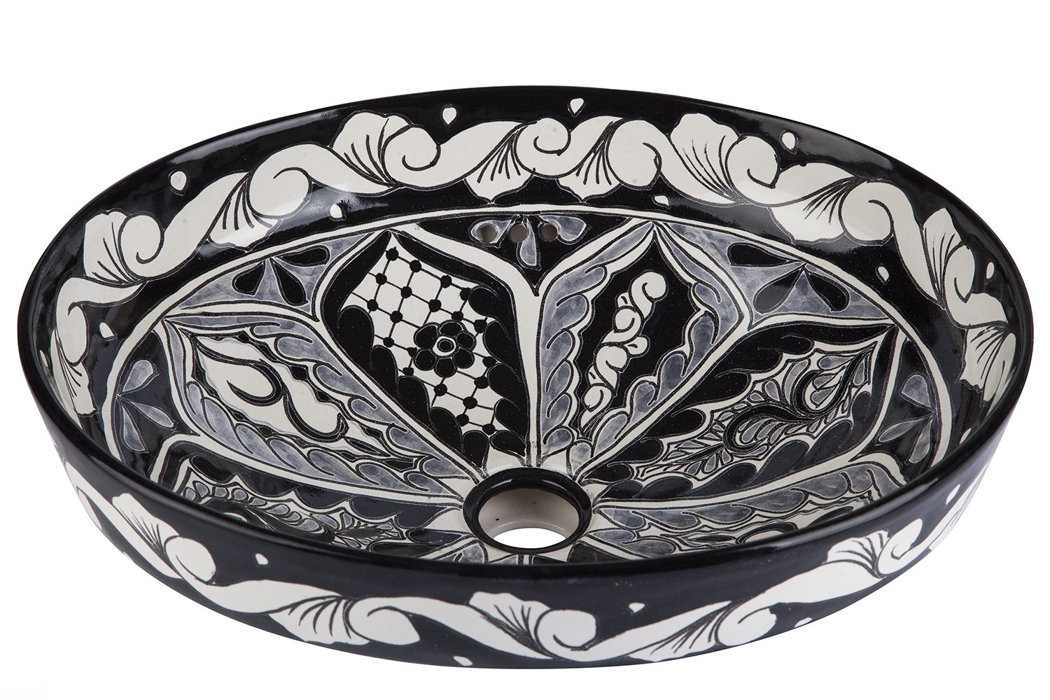 Meksykańska ceramiczna umywalka nablatowa Atalaya – owalna umywalka łazienkowa wolnostojąca 44 x 35,5 x 15 cm | Umywalka z motywami Talavera