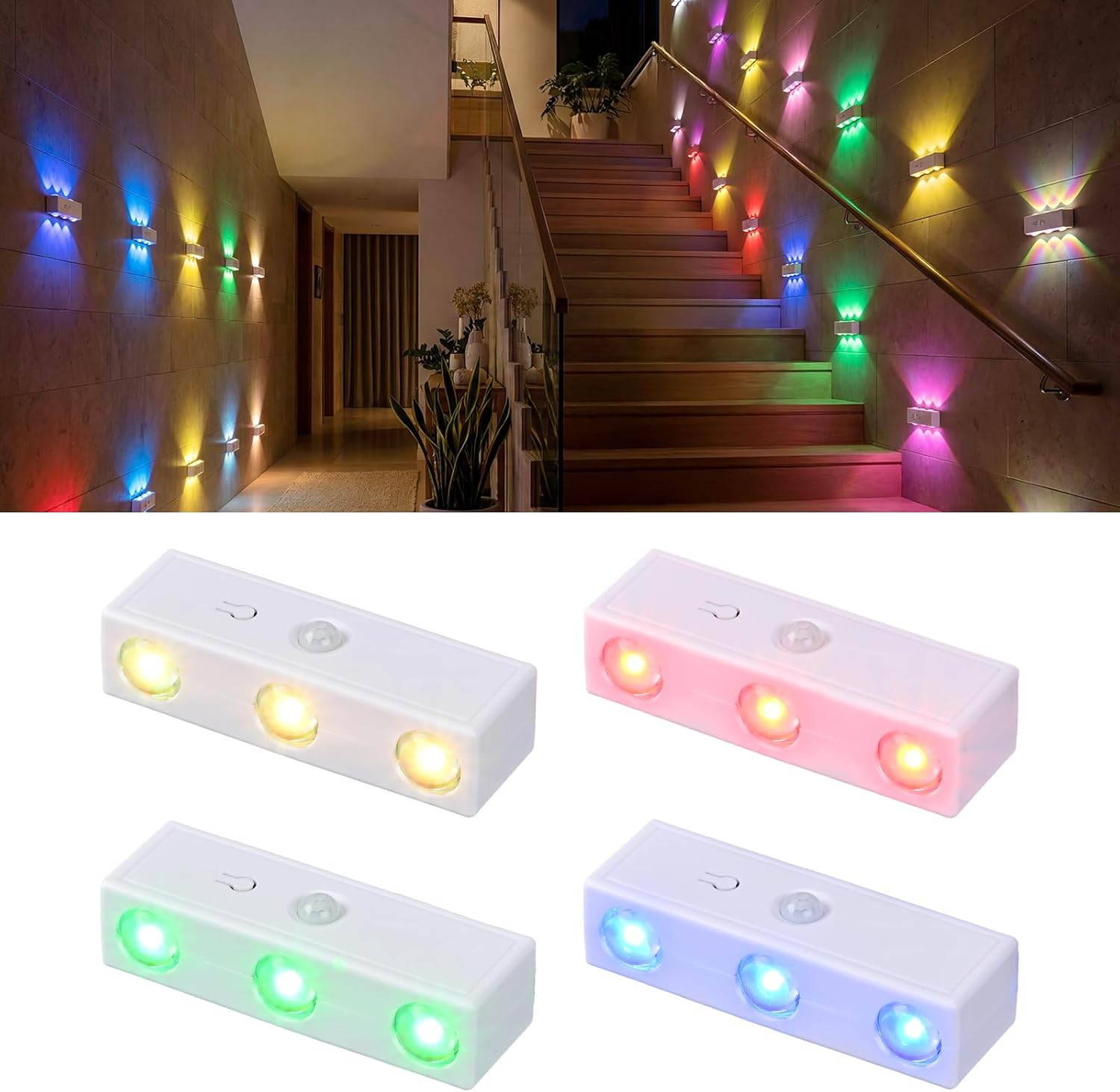 Akumulatorowa lampka nocna LED z czterema czujnikami ruchu i automatyczną zmianą kolorów