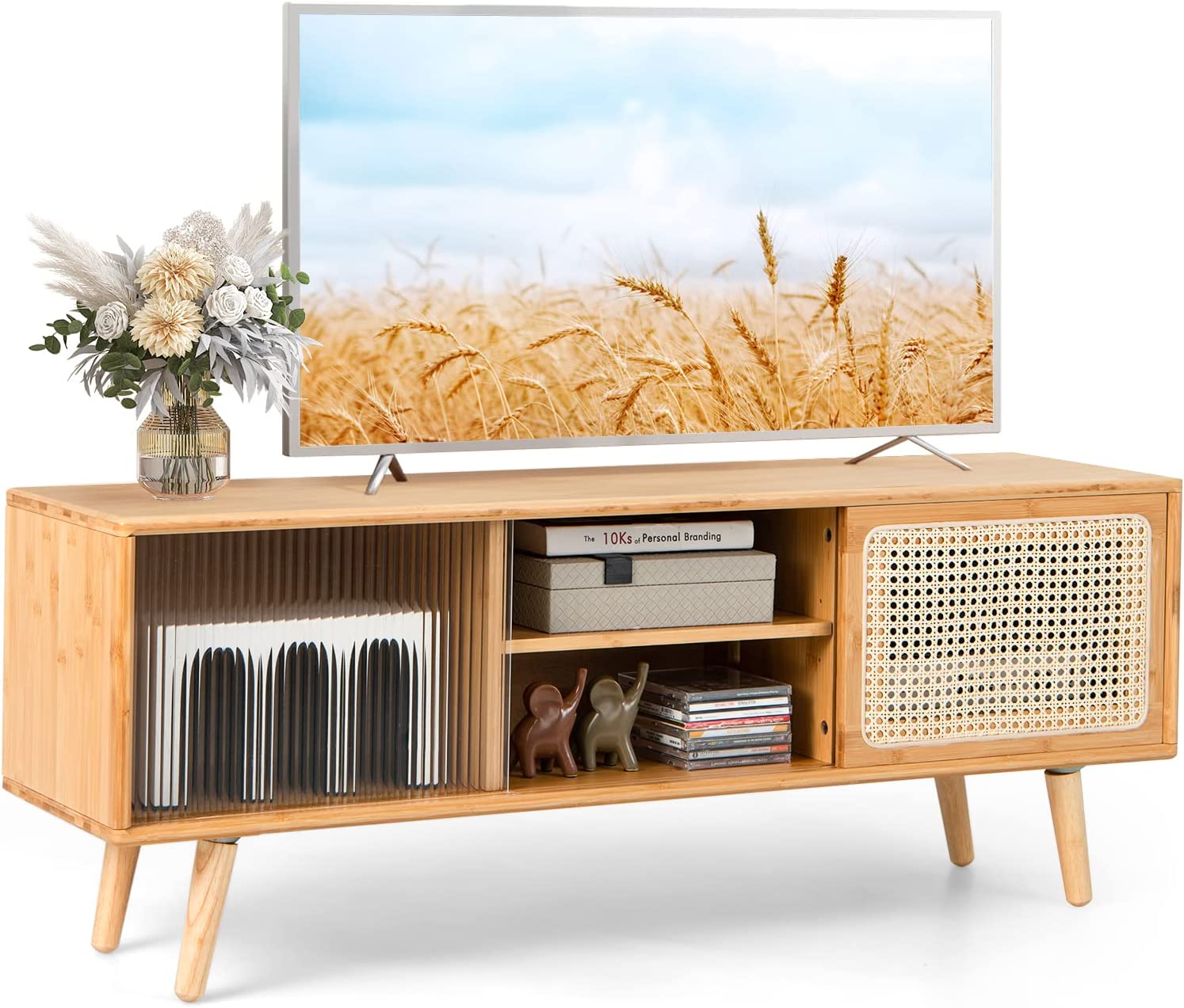 Bambusowa szafka pod telewizor z przesuwanymi drzwiami rattanowymi i szklanymi, stolik pod telewizor z regulowaną półką, 120,5 x 31 x 45,5 cm