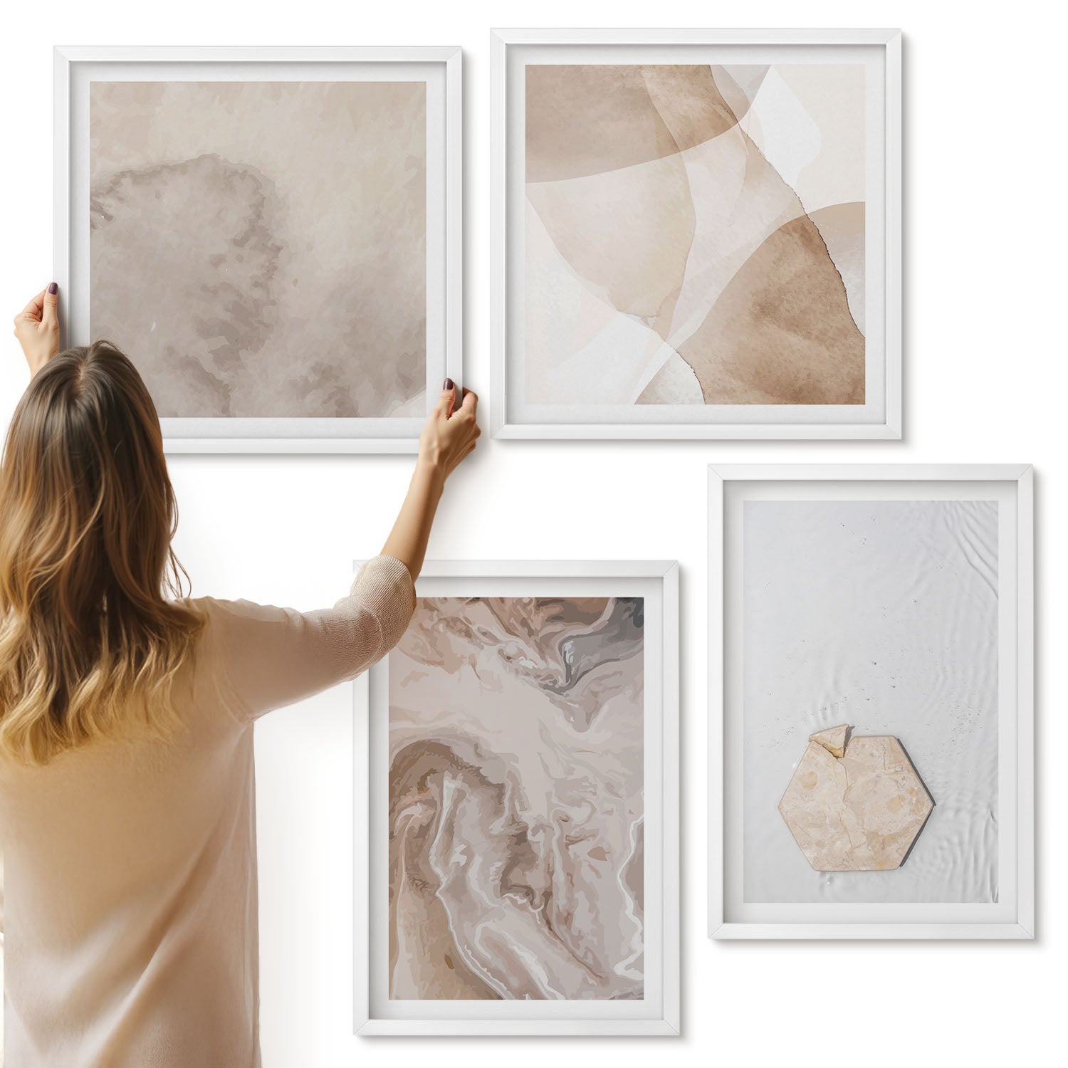 Galeria ścienna 4-częściowy komplet obrazów w białych ramach - Designerska abstrakcja inspirowana naturą - ArtPrintCave