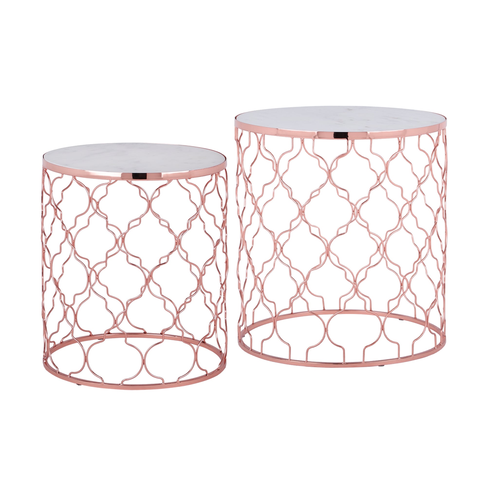 WOMO-DESIGN zestaw 2 stolików pomocniczych phoenix biały marmur banswara i miedziana rama ø40/ø45 cm ręcznie wykonane stoliki kawowe do salonu