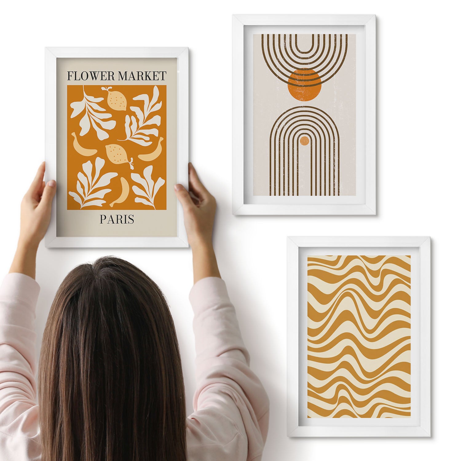 Galeria ścienna 3-częściowy komplet obrazów w białych ramach - Wzory roślinne i geometryczne modne postery - ArtPrintCave