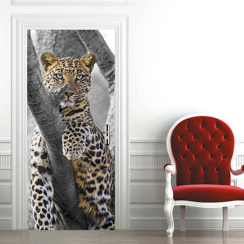 Naklejka na drzwi z efektem kominka 3D z nadrukiem w panterkę (77x200 cm), naklejka ścienna z PVC do wnętrz, do dekoracji salonu, kuchni, sypialni, ła