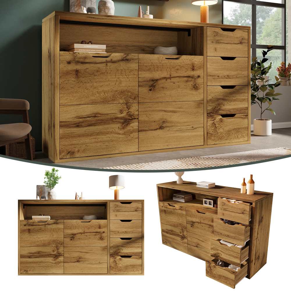 Komoda 150x40x90 cm z drewna dębowego z 2 drzwiami, 4 szufladami, regulowanymi półkami, systemem cichego zamykania, do salonu i przedpokoju.