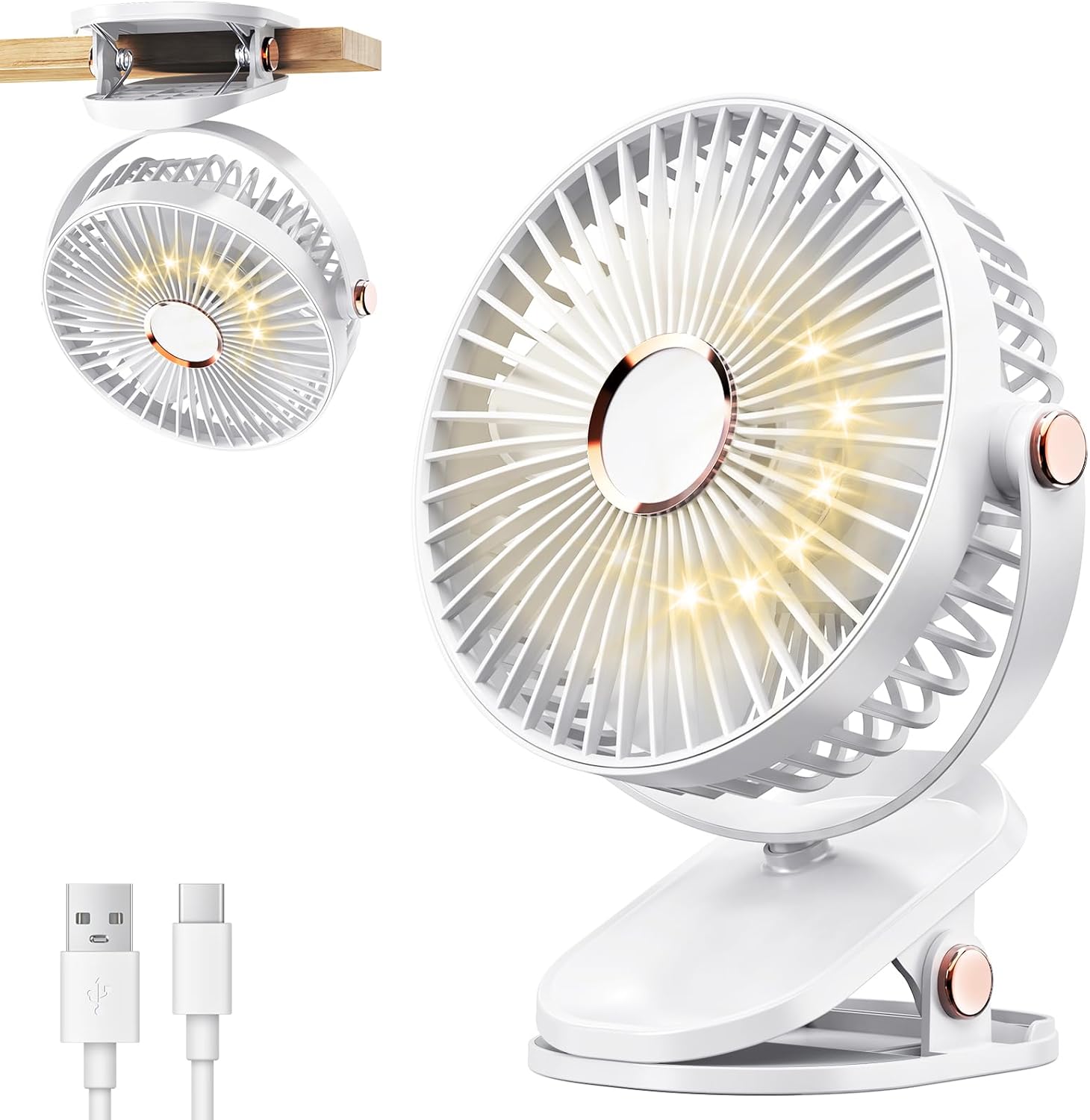Przenośny wentylator na klips z oświetleniem LED, 4 prędkości, obrót o 720°, cichy i ładowalny, 6 cali (biały)