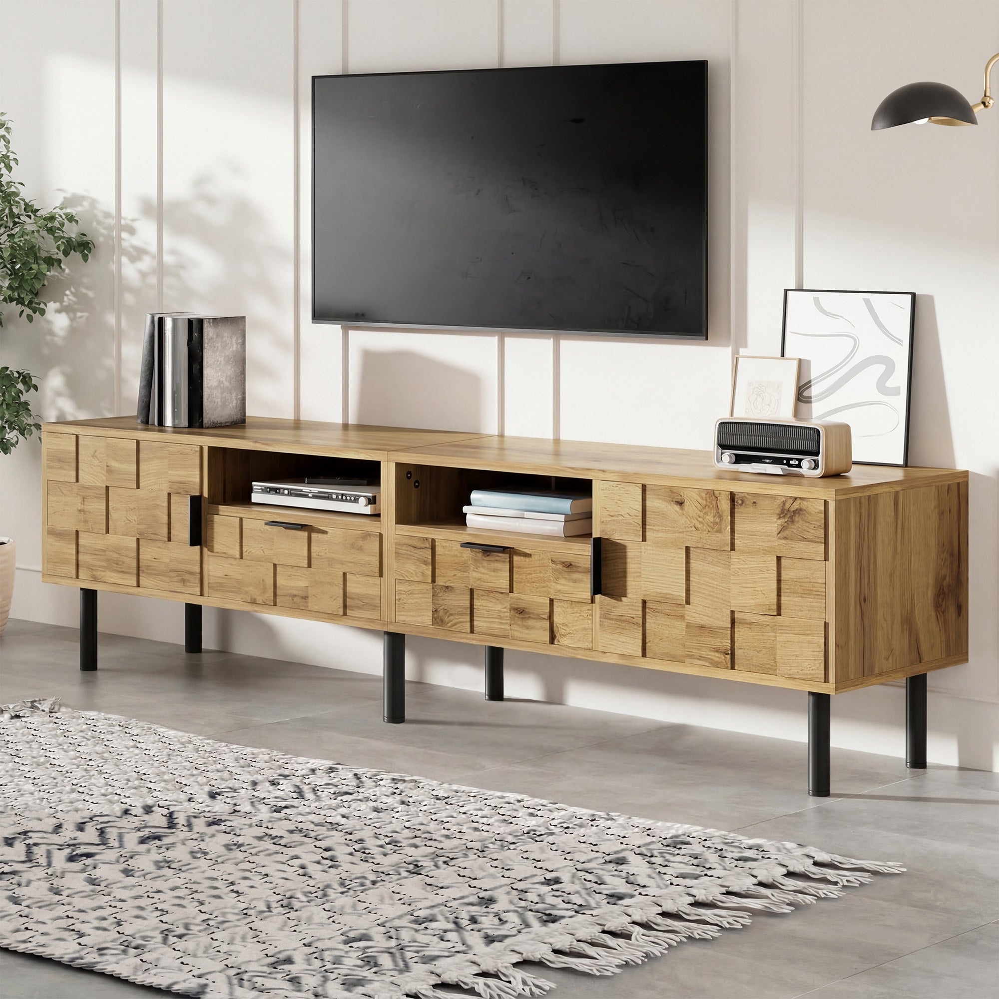 Stolik pod TV mozaikowy 160x35x42,5 cm - 2 drzwi i 2 szuflady - Wygląd drewna - Nogi metalowe - 2 otwarte półki - Kolor naturalny i czarny