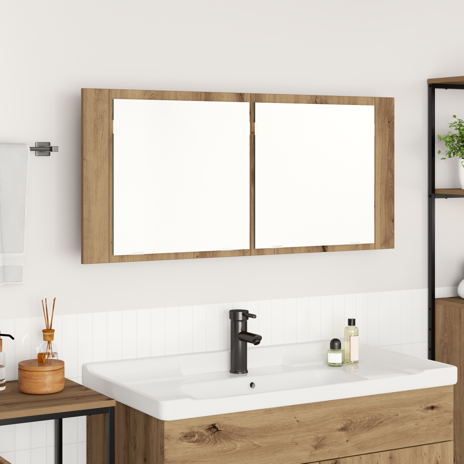 vidaXL Lustro LED w szafce Dąb rzemieślniczy 100 x 12 x 45 cm