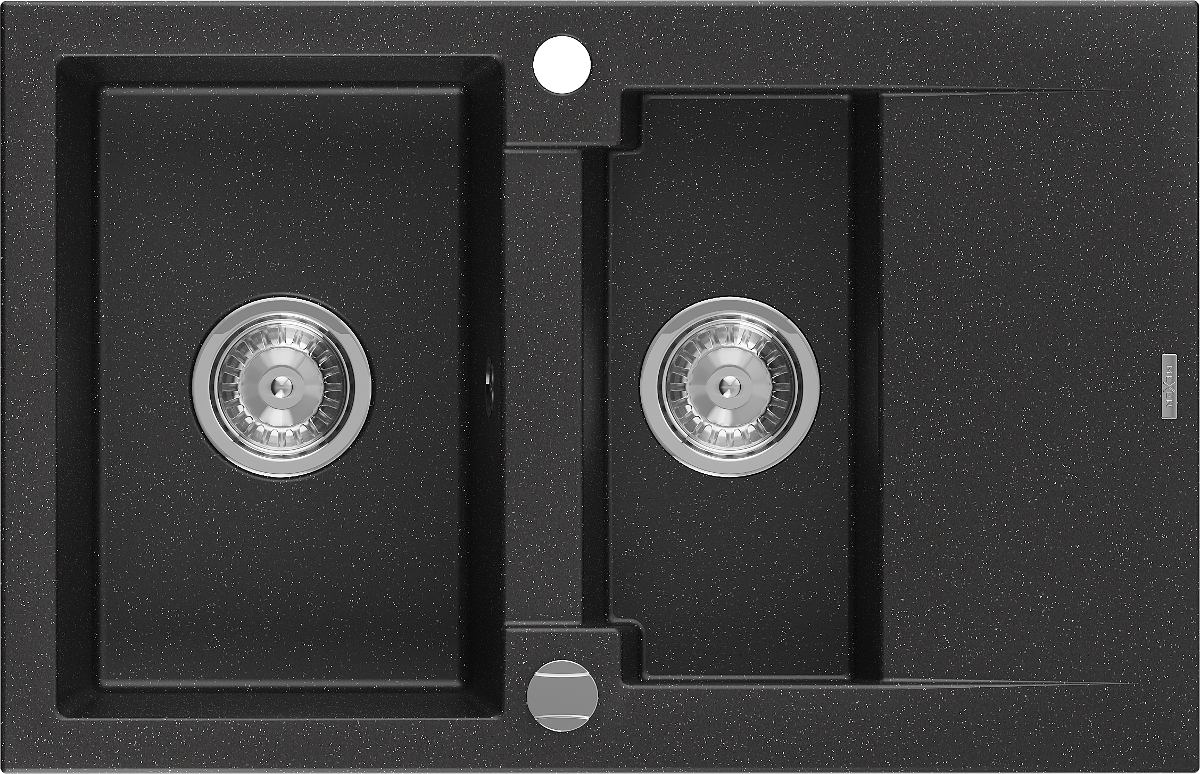 Mexen Gaspar zlewozmywak granitowy 1,5-komorowy z ociekaczem 737 x 475 mm, czarny/srebrny metalik, syfon chrom - 6507731505-73