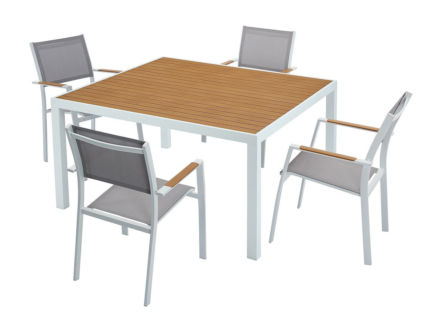 Zestaw mebli ogrodowych jadalnianych z aluminium: kwadratowy stół dł. 140 cm i 4 sztaplowane fotele - Naturalny jasny i szary - MACILA marki MYLIA