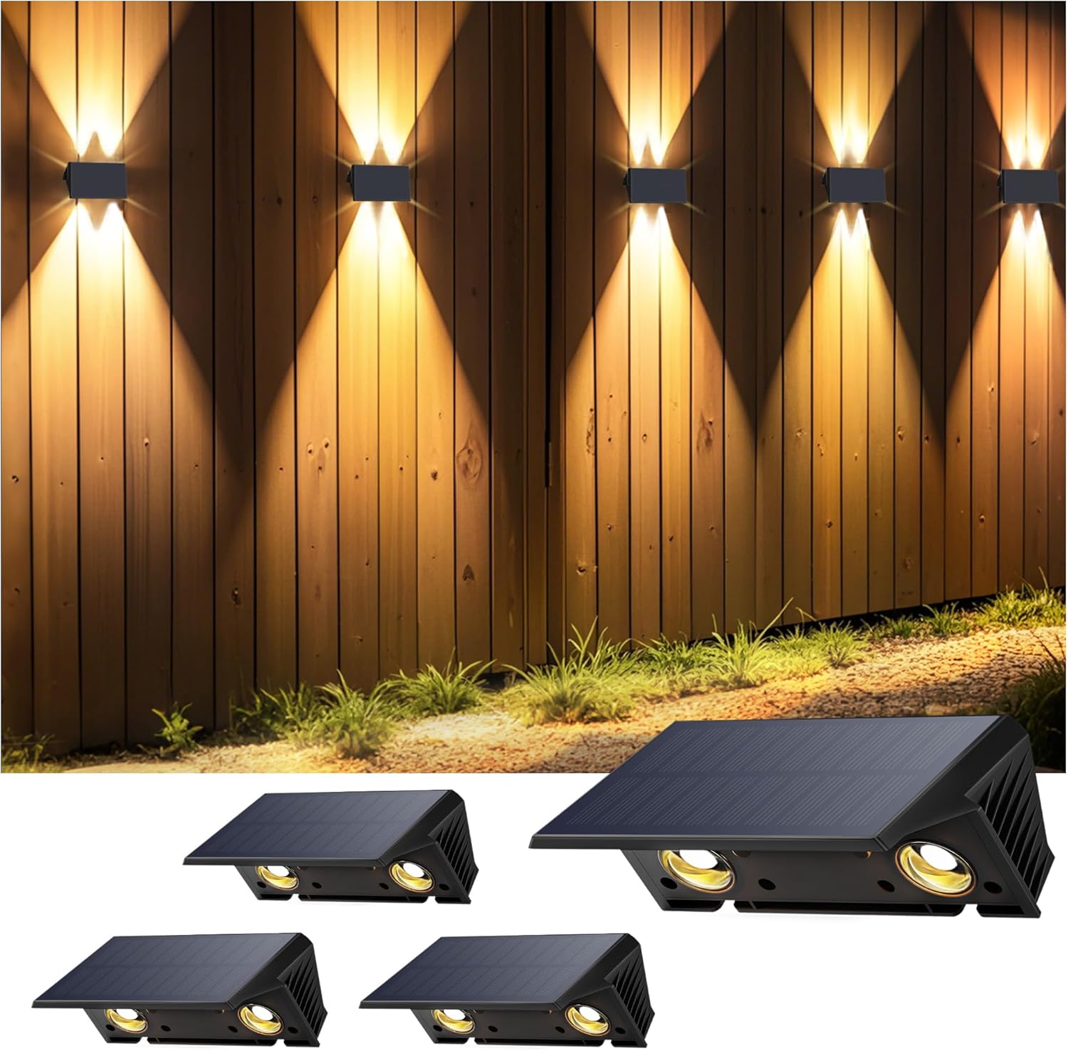 (4) Zewnętrzna lampa ścienna zasilana energią słoneczną, ciepłe białe światło, wodoodporna IP44, bezprzewodowy reflektor, odpowiedni do ogrodzeń ogro