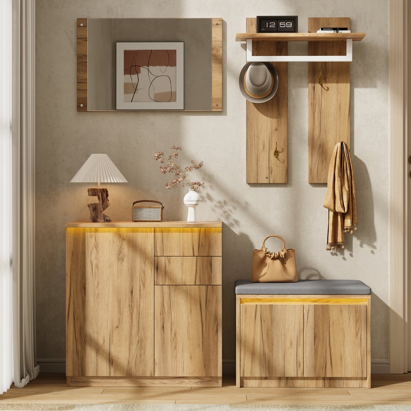 Szafka na buty z lustrem, ławką, drążkiem na wieszaki, haczykami, 2 szufladami i 4 drzwiami - Płyta wiórowa - 130 x 35 x 124,5 cm - Naturalna