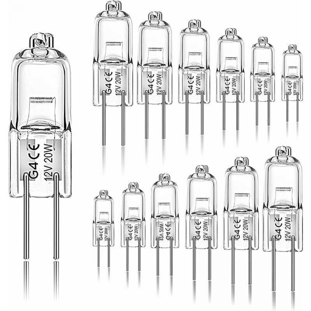 Opakowanie 12 żarówek halogenowych G4 20W 12V 2800K z 2 bolcami do okapu kuchennego, kuchni, salonu, sypialni