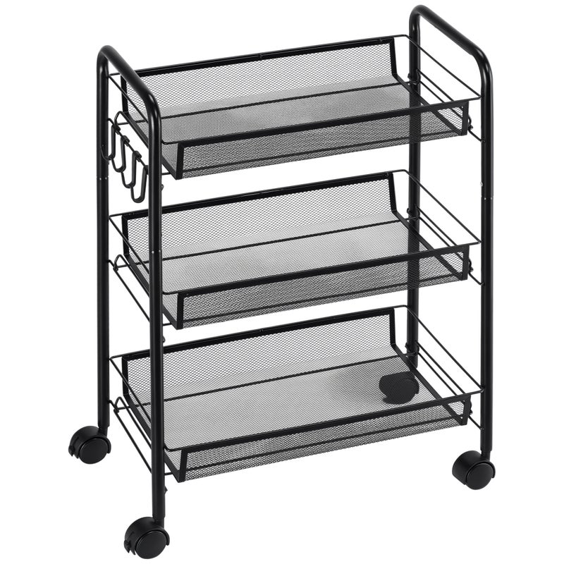 Three - level wózek z baskets, rolling przechowywanie wózek, 45 x 26.5 x 63 cm, czarny