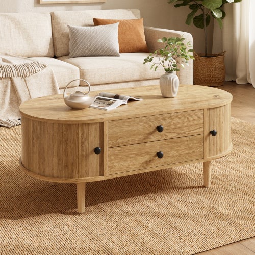 Stolik kawowy 100x50x40 cm - Wzór w paski - 2 drzwi przesuwne i 2 szuflady - Płyta MDF - Naturalny