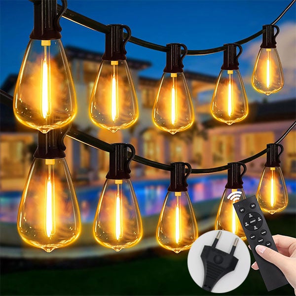 Zestaw lampek LED 15m - 25 żarówek ST38 - Wodoodporne oświetlenie zewnętrzne - Timer 3h/5h - Regulacja jasności - Idealne na taras, urodziny