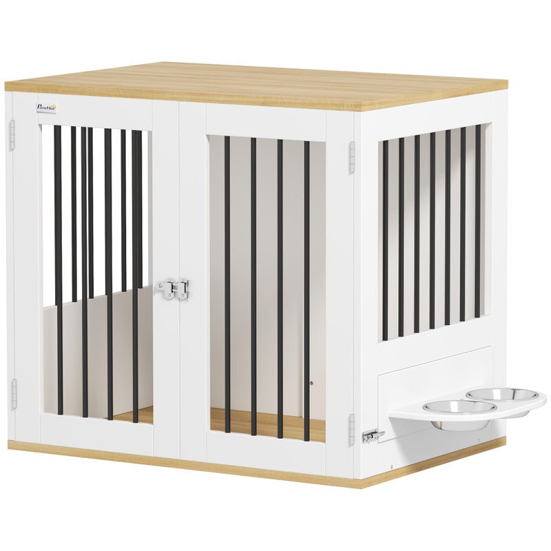 Klatka dla psa, stolik boczny, wyjmowany 360° obrotowy miski, 2 drzwi do średnich psów, 80x55x71.5cm, biały
