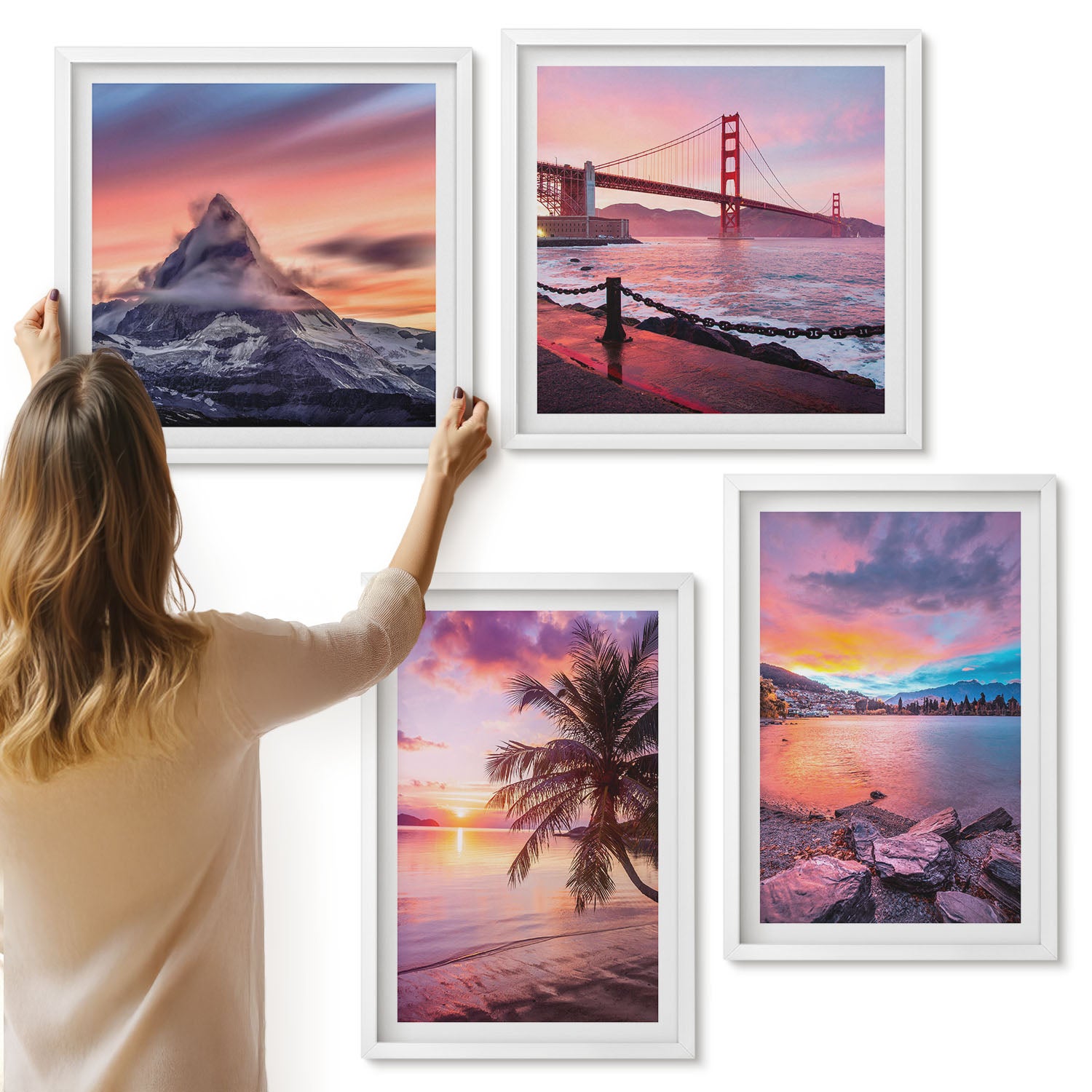 Galeria ścienna 4-częściowy komplet obrazów w białych ramach - Zachody słońca nad mostem i krajobrazem wodnym - ArtPrintCave
