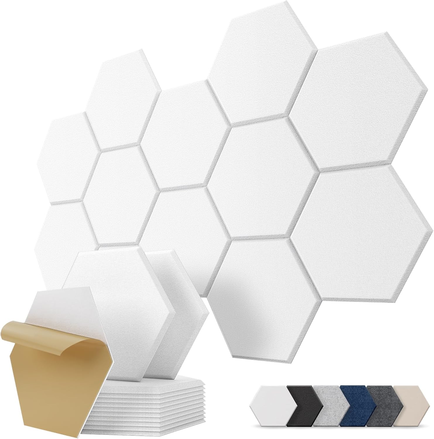 Samoprzylepne panele akustyczne o kształcie sześciokąta, opakowanie 12 sztuk, panel akustyczny o wysokiej gęstości, 30 x 26 x 0,9 cm, kolor biały