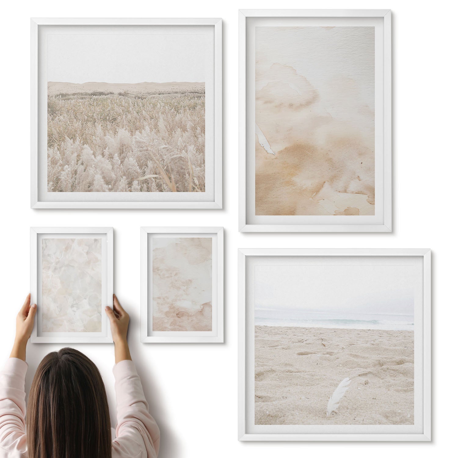 Galeria ścienna 5-częściowy komplet obrazów w białych ramach - Modne tekstury w pastelowych jasnych barwach - ArtPrintCave