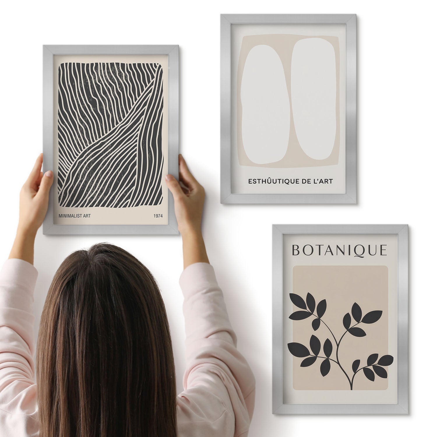 Galeria ścienna 3-częściowy komplet obrazów w srebrnych ramach - Wzory roślinne i minimalistyczne linie w neutralnych kolorach - ArtPrintCave