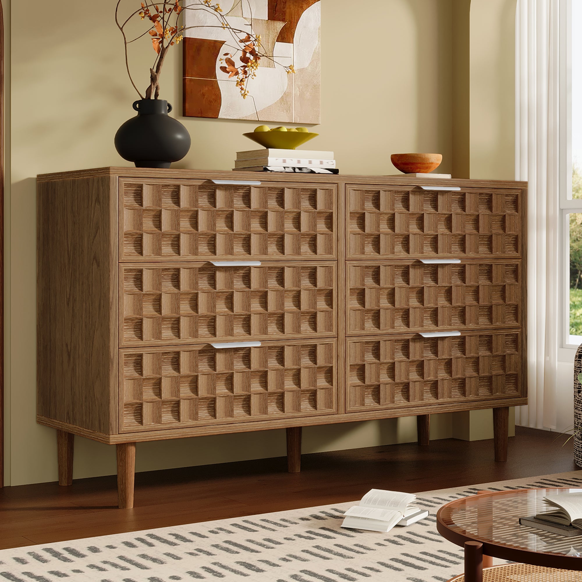 Komoda - Bufet 120x37x77cm - z 6 szufladami - wzór wafelka czekoladowego - kolor dębu