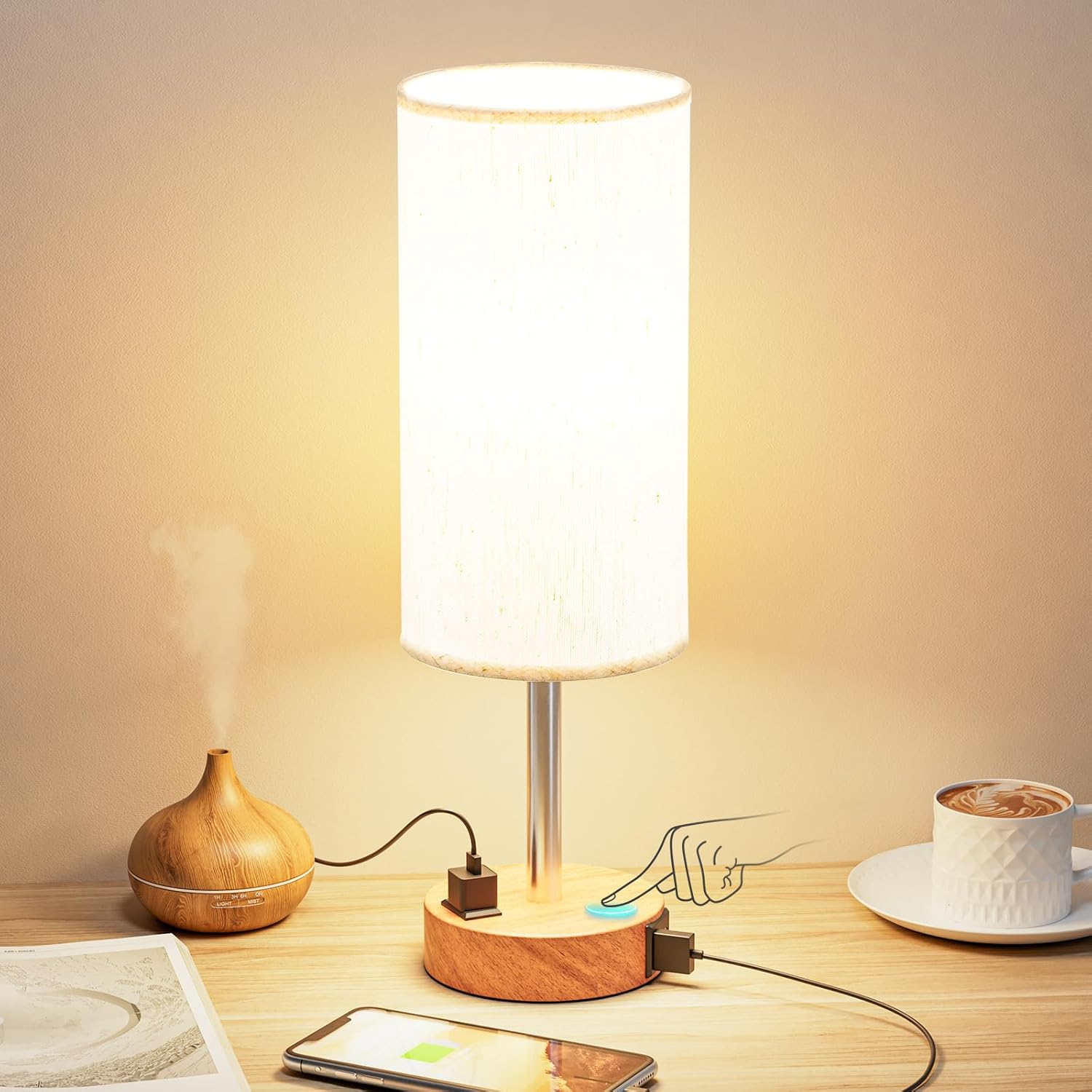 Lampka nocna, oświetlenie dotykowe regulowane w trzech poziomach, z portem ładowania USB-C i wtyczką sieciową, okrągły klosz lniany