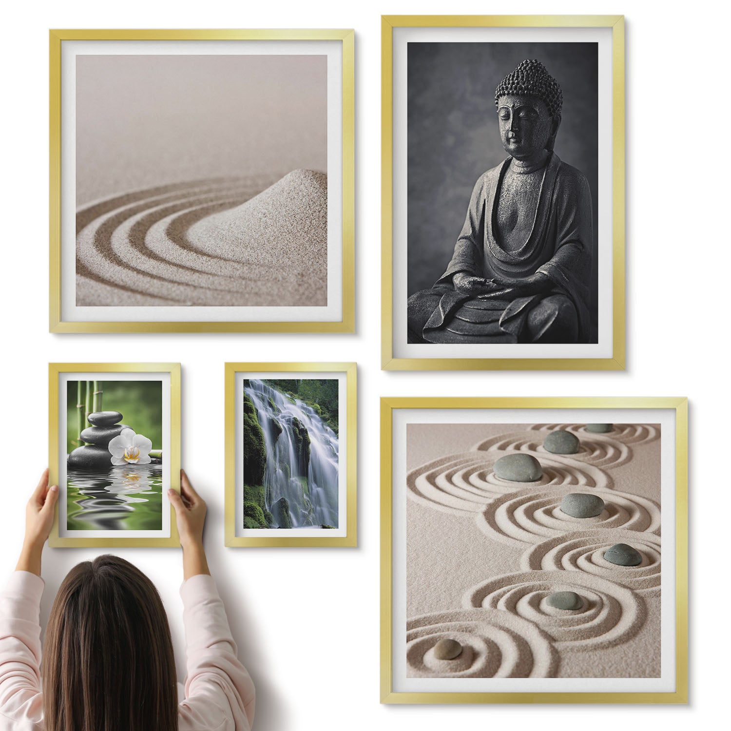 Galeria ścienna 5-częściowy komplet obrazów w złotych ramach - Relaksujące motywy zen z naturą i buddyjskim przesłaniem - ArtPrintCave