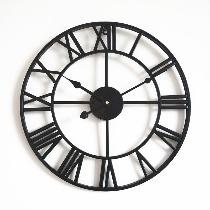 Duży okrągły metalowy zegar ścienny w stylu vintage, cichy, bez tykania, zasilany bateriami, 40 cm, czarne cyfry rzymskie, do salonu, sypialni, kuchni
