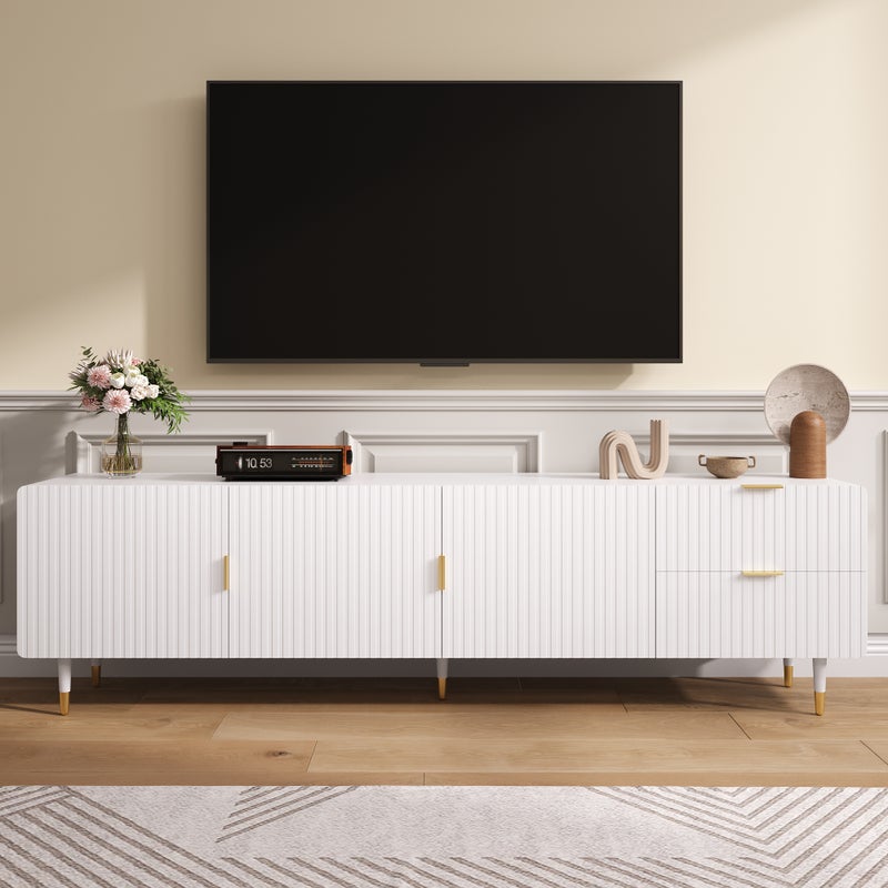 Szafka RTV z 3 drzwiami i 2 szufladami - 170 x 35,5 x 55 cm - MDF i metalowe nogi - Złote uchwyty i nogi - Biała