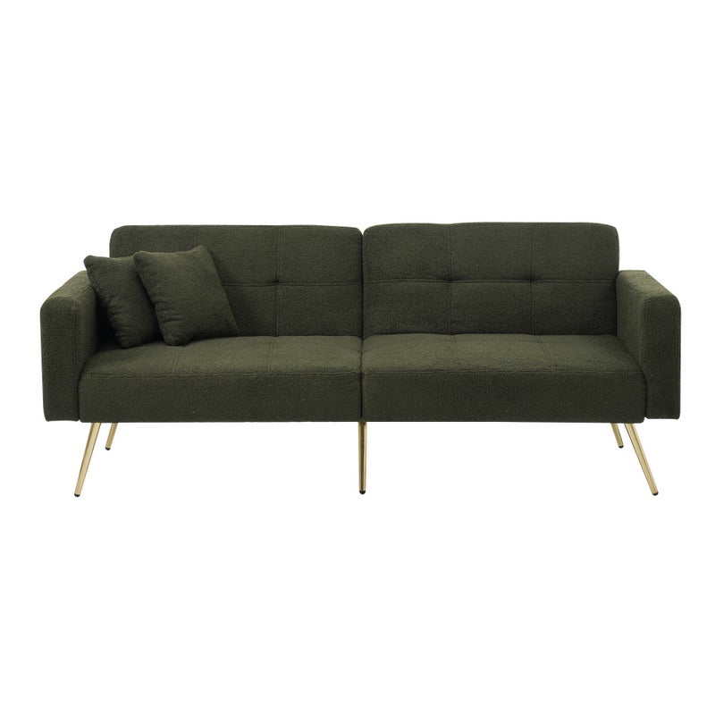 Sofa z funkcją spania, regulowanym kątem nachylenia, złotymi nogami, poduszkami i bocznymi kieszeniami do przechowywania.