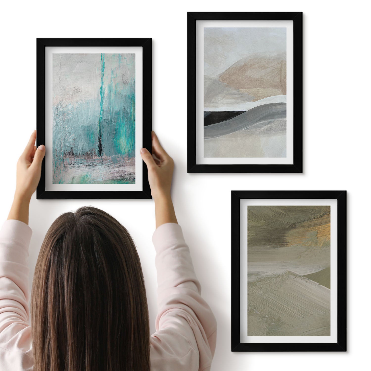 Galeria ścienna 3-częściowy komplet obrazów w czarnych ramach - Malowana abstrakcja minimalistyczne dekoracje - ArtPrintCave