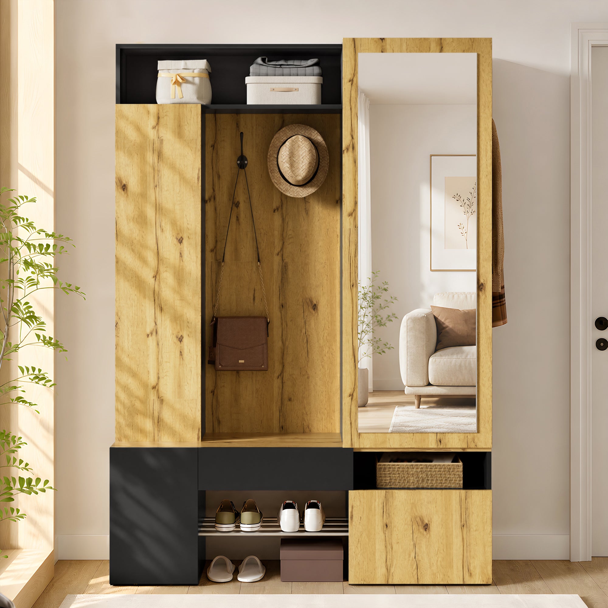 Szafka na buty z lustrem, drążkiem na wieszaki, haczykami, 1 szufladą i 3 drzwiami - MDF - 127 x 35 x 180,5 cm - Kolor czarny i naturalne drewno