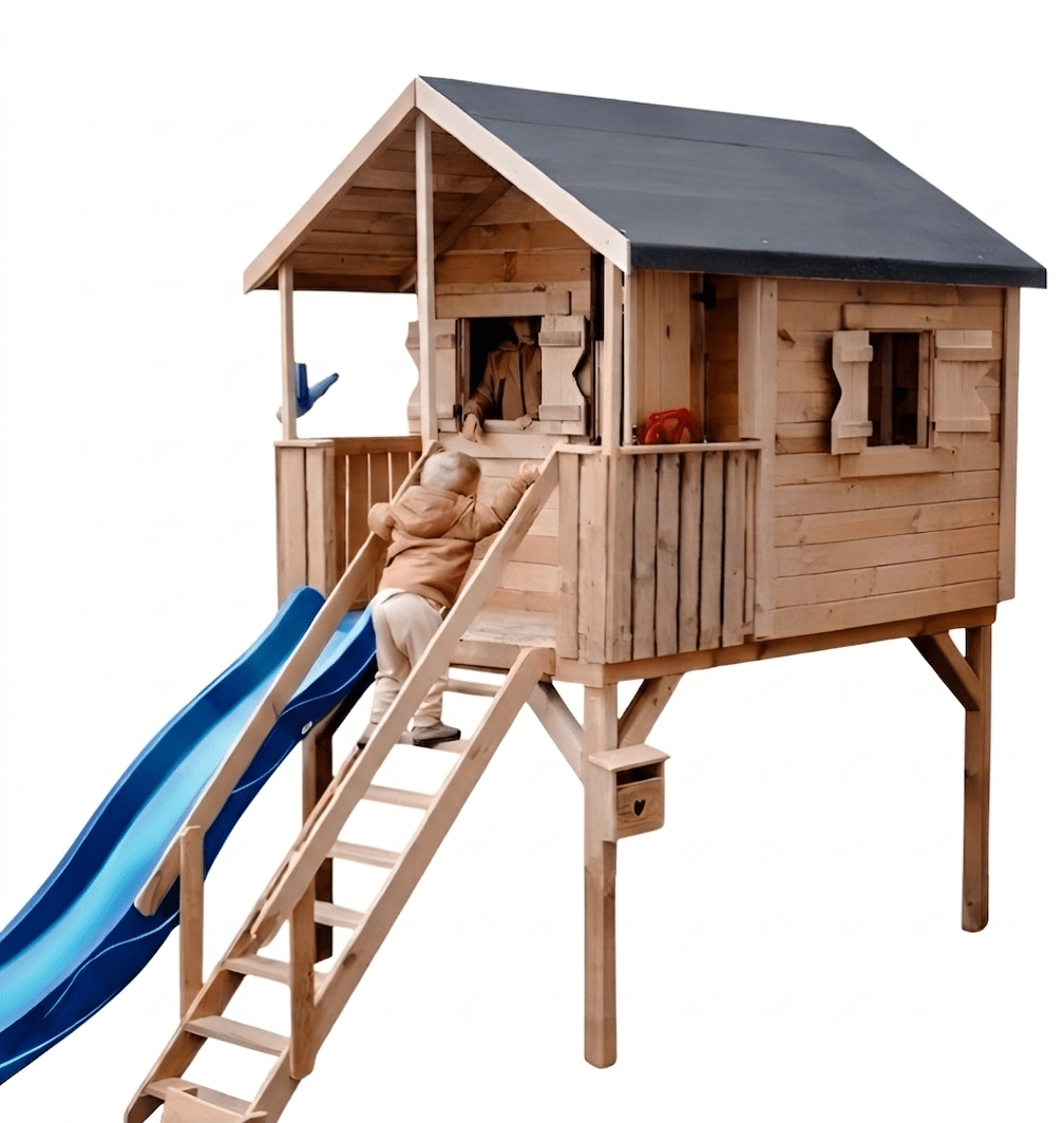 Drewniany domek dla dzieci Magiczny Domek ze niebieską zjeżdżalnią i podestem 120cm 1szt.