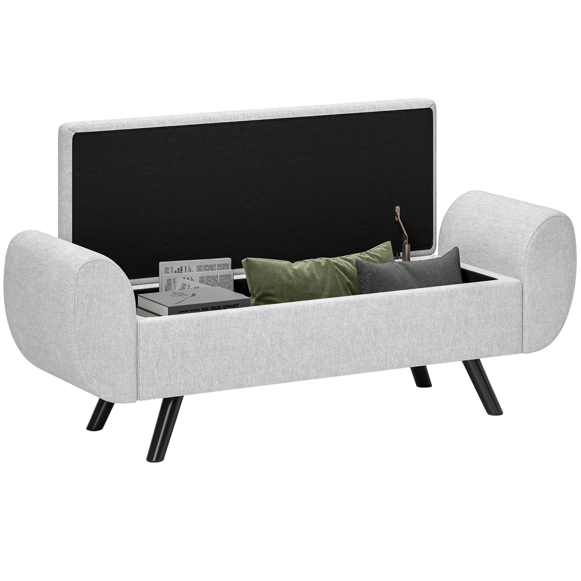Ława nocna ze schowkiem, podłokietnikami z tkaniny, nogami z drewna i schowkiem o pojemności 53,8 l, 132 x 42 x 50 cm, kolor szary
