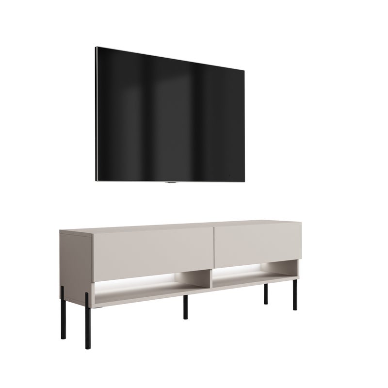 Szafka pod telewizor 140 cm Kaszmir, nóżki proste czarne, LED biały, 140 × 32 × 52 cm