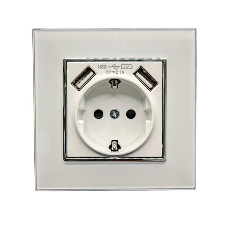 Gniazdo Schuko 16A z 2 portami USB 5V 2.1A z ramką ze szkła hartowanego białe