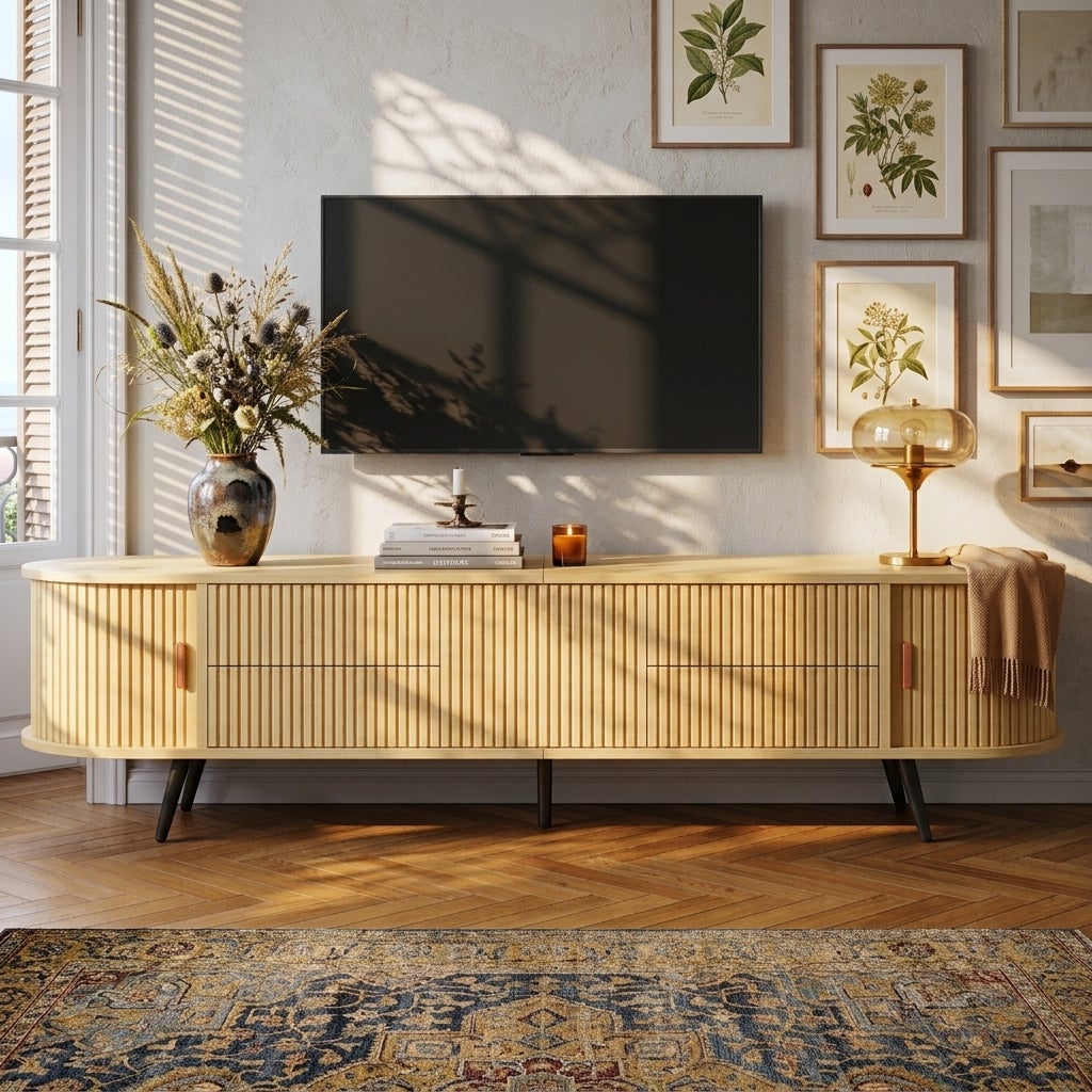 Stolik RTV owalny 180x40x45 cm - 4 szuflady i 2 drzwi przesuwnych - Wzór pionowych pasów - Płyta MDF - Naturalny