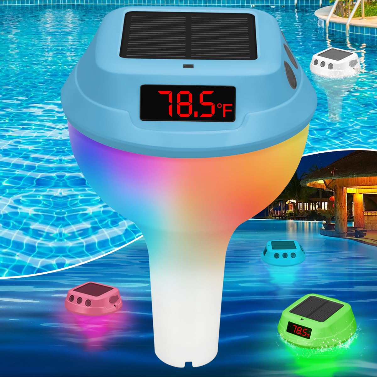 Solarny pływający termometr do wody basenowej, termometr z elektronicznym wyświetlaczem cyfrowym, ze światłem otoczenia RGB, niebieski