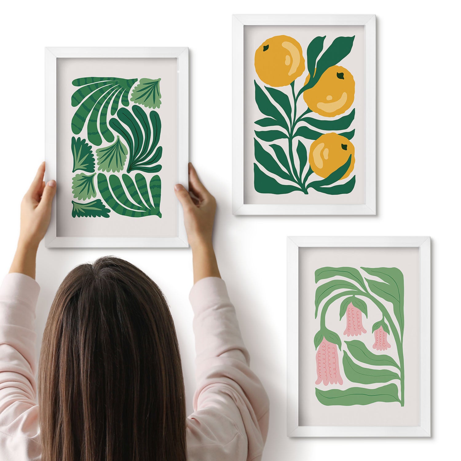 Galeria ścienna 3-częściowy komplet obrazów w białych ramach - Minimalistyczne roślinne wzory z owocami i liśćmi - ArtPrintCave