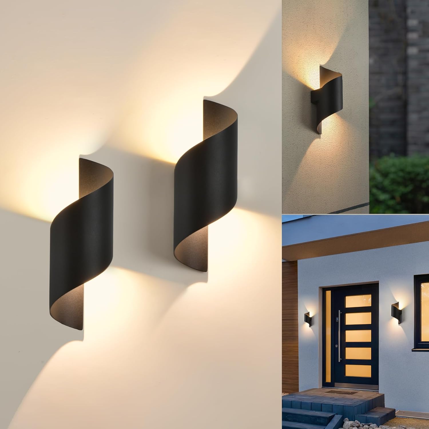 Dwa zestawy 12W zewnętrznych lamp ściennych, lampy ścienne LED, ciepłe światło 3000K, spiralna lampa, wodoodporność IP65, kolor czarny