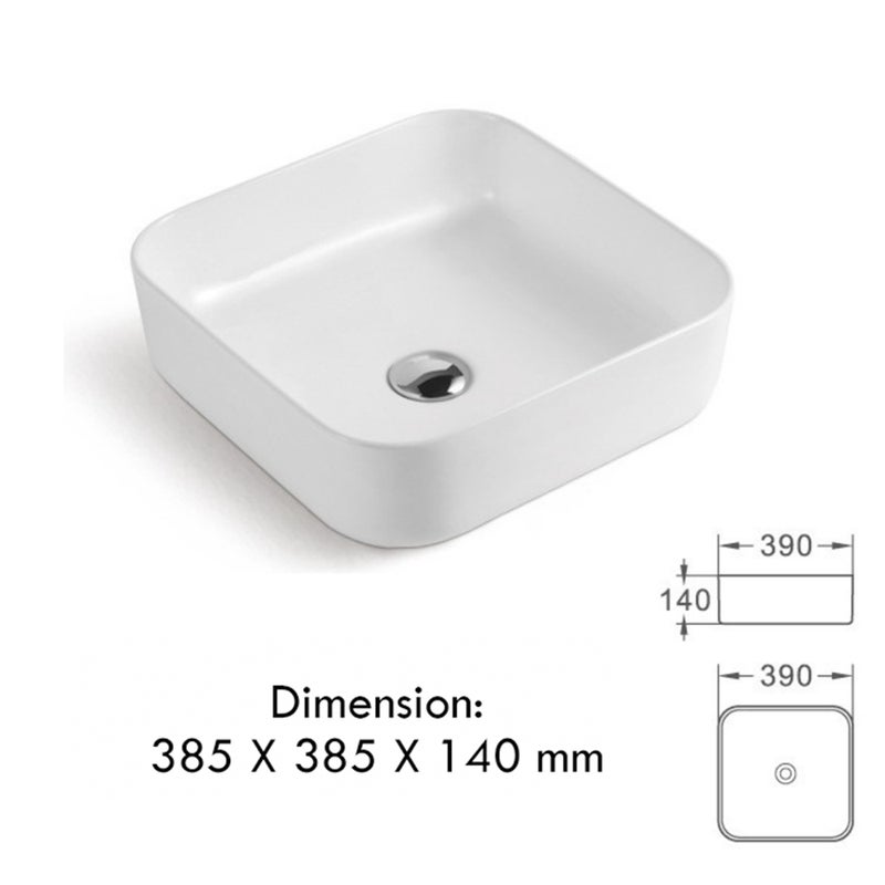 Umywalka ceramiczna nablatowa prostokątna z otworem Biała z przelewem i syfonem 385x385x140mm