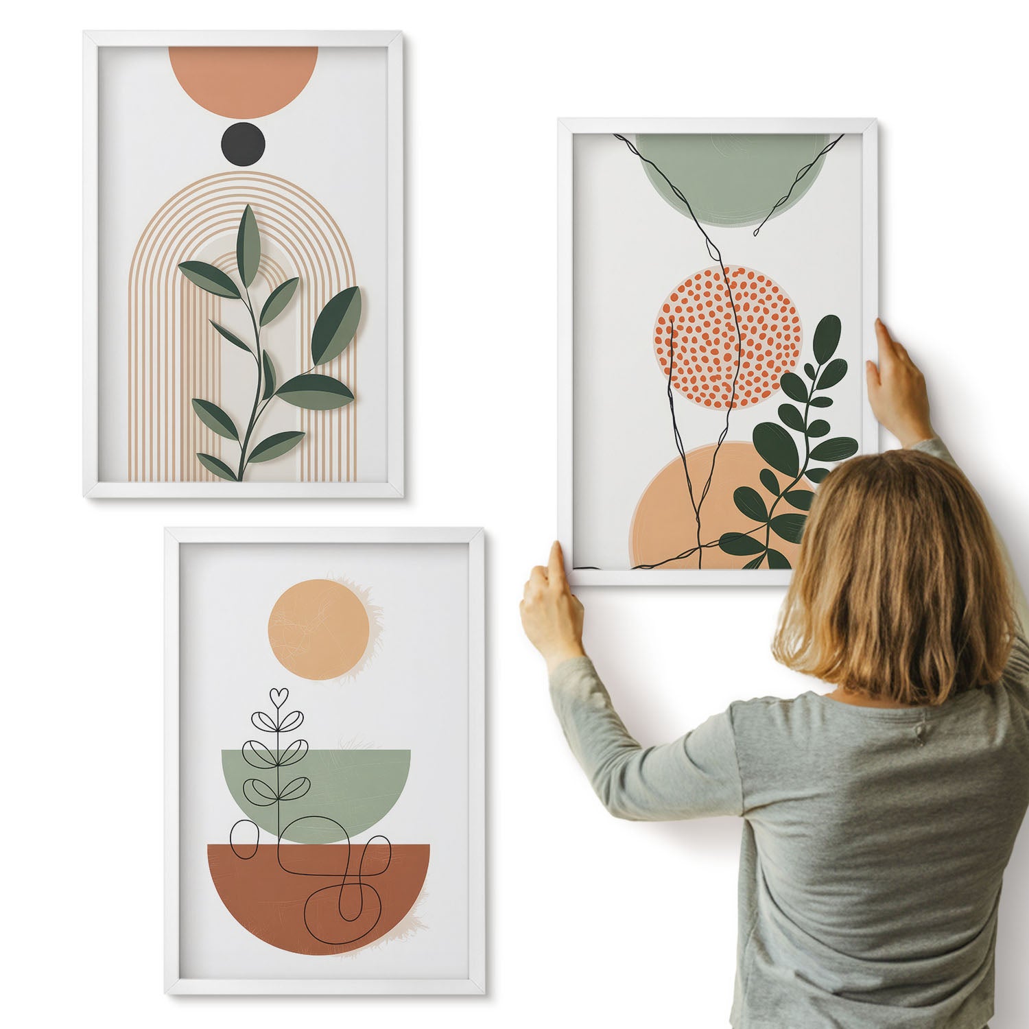 Galeria ścienna 3-częściowy komplet obrazów w białych ramach - Abstrakcyjne kształty z roślinnymi motywami kolorowymi - ArtPrintCave
