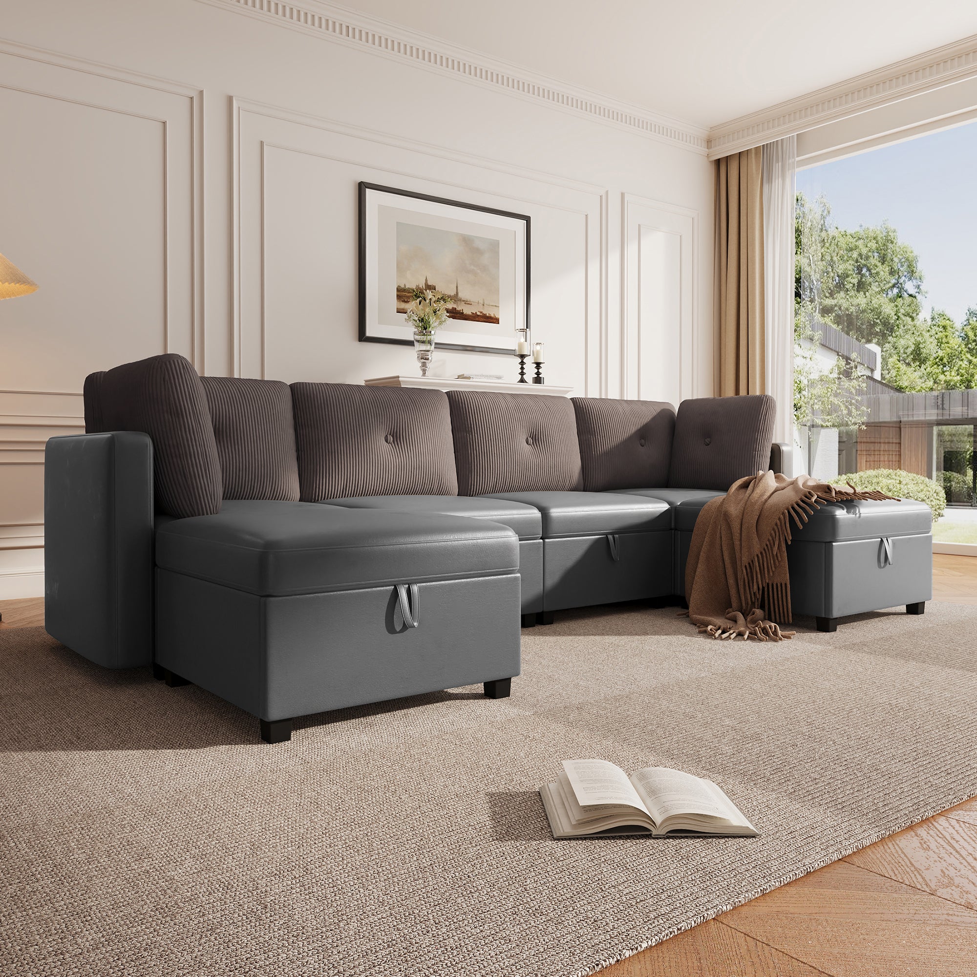 Sofa 6-osobowa w kształcie litery U - z pojemnikiem - wielofunkcyjna sofa rozkładana - aksamit + sztruks - szara